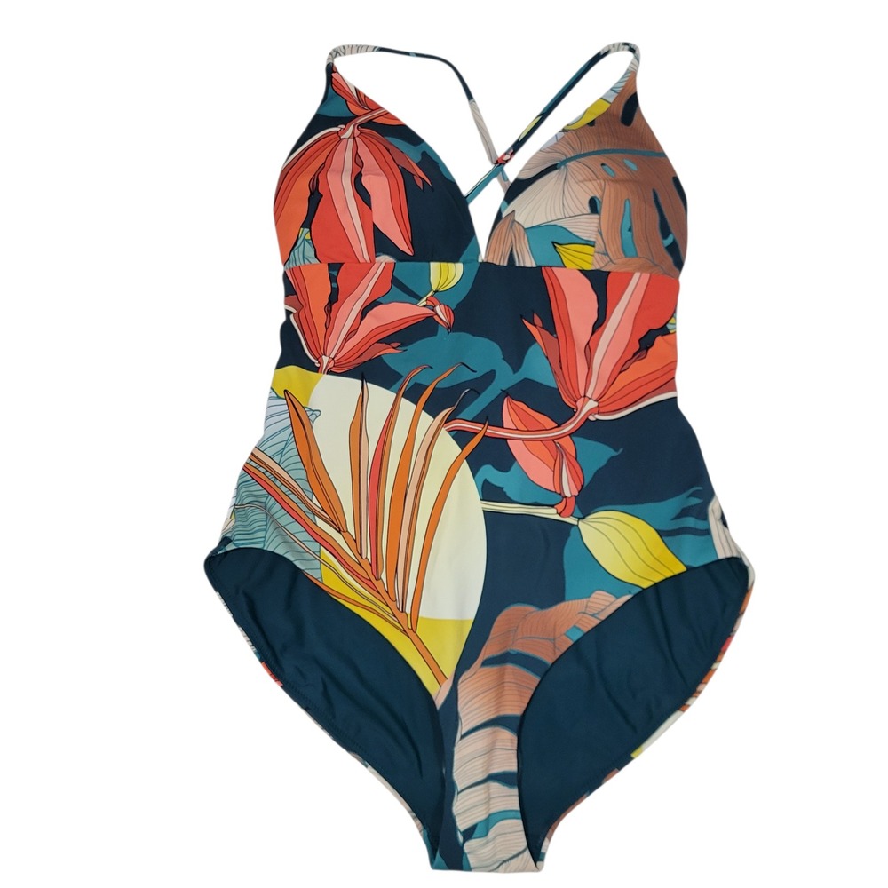 Calia One Piece Swimsuit Womens Size 6 (Small) Teal Floral Triangle Strappy Back